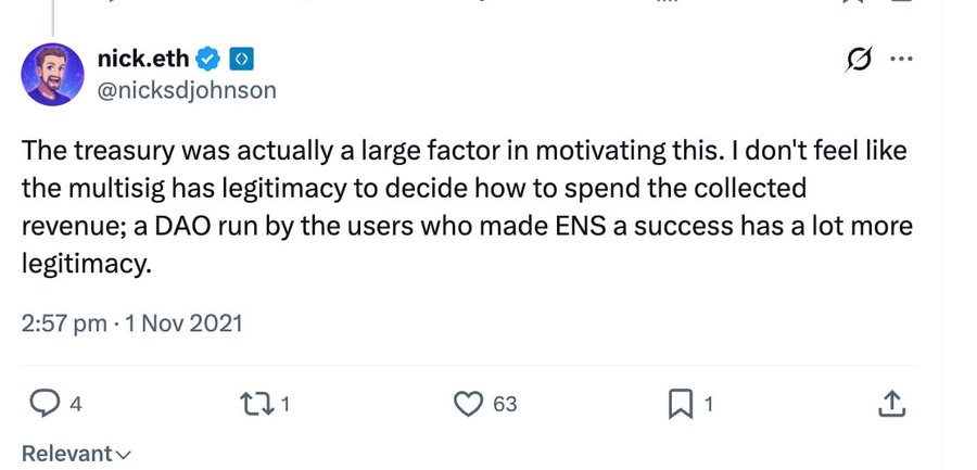 Nick.eth's original 2021 tweet on why ENS DAO was launched